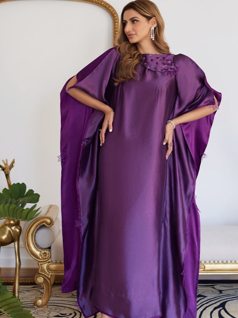 FARAH TALIB AZIZ Purple Satin Kaftan Robe with Embellished Neckline